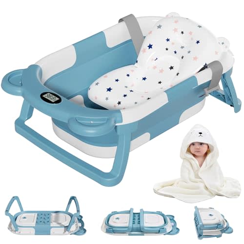 MoreFeel Collapsible Baby Bathtub for Newborn with Thermometer & 1 Hooded Towel & 1 Soft Floating Cushion,Portable Travel Bathtub with Drain Hole, Durable Foldable Baby Tubs for Infants to Toddler