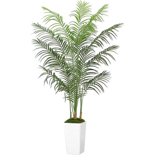 UPBUD Artificial Palm Tree, 6FT Tall Large Fake Tropical Areca Plants with White Tall Pot & 15 Artificial Leaves, Realistic Faux Palm Trees for Home Patio Poolside Office Porch Garden Decor