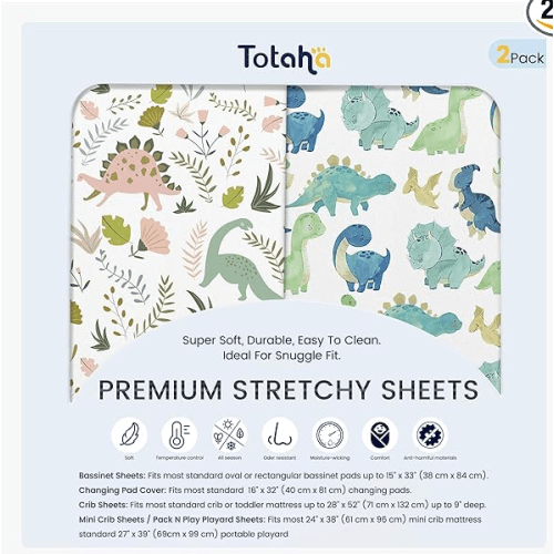 TotAha Dinosaur Crib Sheets for Boys, Premium Soft Crib Mattress Fitted Sheet, Ultra Breathable Baby Sheets, Super Stretchy Baby Bed Sheets 28x52x9 Extra Deep Pocket, 2 Pack