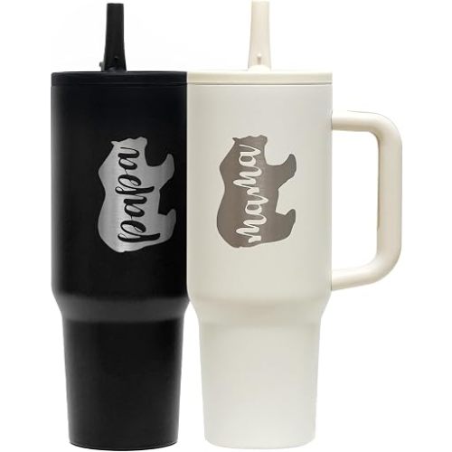 Mama Papa Tumbler New Mom Dad Gifts for Couples Gifts for Expecting First Time Parents Daddy To Be Pregnancy Announcement 40 oz Stainless Steel Insulated Expecting Cup with Handle Lids Straws