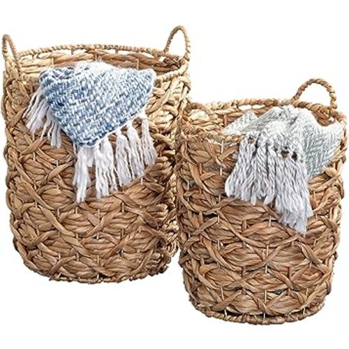 Honey-Can-Do Set of 2 Round Decorative Wicker Baskets with Handles for Storage, Natural STO-09848 Natural