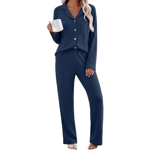 Ekouaer 2 Piece Pajamas Sets for Women Long Sleeve Ribbed Knit Loungewear