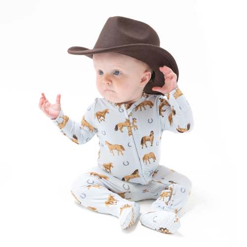 Horses - Blue - 2 Way Zipper Footie