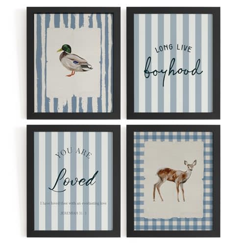WXHUM Vintage Duck Nursery Wall Decor Boys Playroom Bedroom Navy Blue Wall Art for Toddler Room, Duck Deer Animals Posters Prints Set of 4, 8x10 inch Unframed
