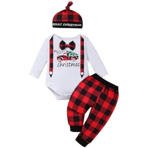 Newborn Baby Boy My 1st Christmas Outfits Infant Long Sleeve Romper Pants Set with Hat 3Pcs Clothes