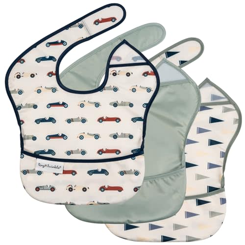Tiny Twinkle Mess-Proof Baby Bibs for Eating | Waterproof, Wipeable Toddler Bibs with Catch-All Pocket | Feeding Bibs for Girls & Boys(3 Pack,Vintage Cars,Varsity Flags)
