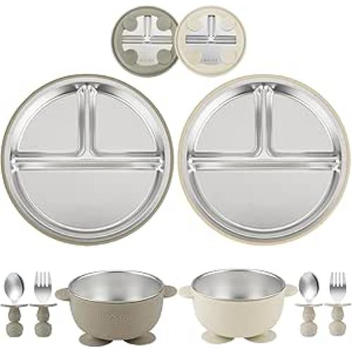 PandaEar 8PCS Baby Feeding Set | Stainless Steel Suction Plates and Bowls with Silicone Fork and Spoon Utensils | Baby Led Weaning Tableware for Toddlers & Kids (Tan & Walnut)