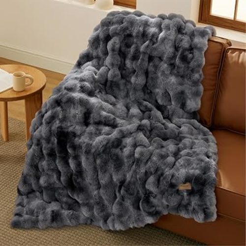 Bedsure Fluffy Bubble Faux Fur Throw XL Blanket, 50"x70", Tie-dye Grey