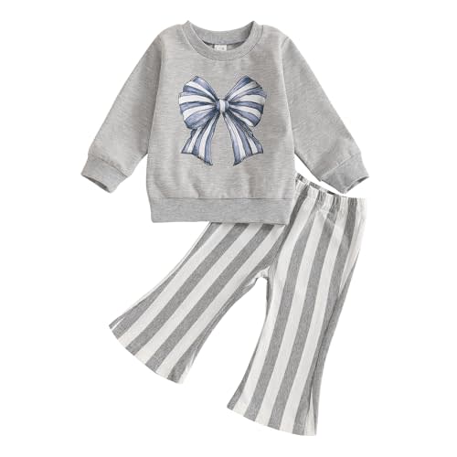 SHUING Toddler Girl Outfit Bow Print Sweatshirt and Striped Flare Pants Set Newborn Infant Baby Girl Fall Winter Clothes