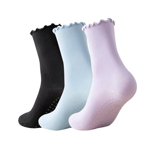 3 Pairs Pilates Socks with Grips Non-slip Ruffle Yoga Sock Grip Sock for Women