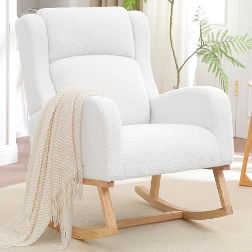 HCHAIRH Rocking Chair Nursery, Nursing Rocking Chairs for Mom Nursery, Comfy Wingback Glider Rocking Armchair with Side Pocket for Nursery Living Room Bedroom, Teddy White
