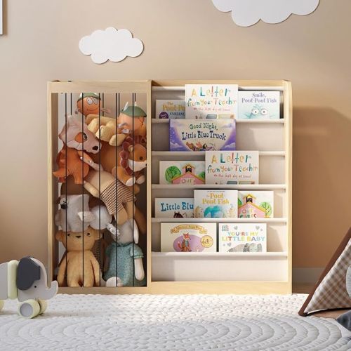 Natural Wood Kids Bookshelf & Stuffed Animal Net Holder Plush Toy Storage Organizer Child Bookcase Toddler Baby Sling Book Rack for Playroom Bedroom Nursery Infant Boys Girls Preschool