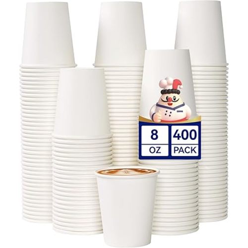 JOLLY CHEF 400 Pack 8 oz Paper Coffee Cups, White Beverages Drinking Cups for Coffee, Water Juice or Tea, Suitable for Party, Picnic, Travel, and Events