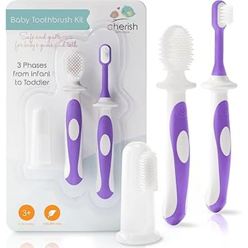 Cherish Baby Care Baby Toothbrush & Toddler Toothbrush Set (0-2 Years) - BPA-Free & Safety-Tested, 2023 Award Winner, Food-Grade Silicone (Purple)