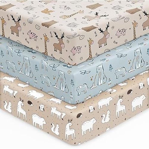 Unnivoll Baby Crib Sheets for Boys Girls, 28x52x8in Fitted Crib Sheet Neutral 3 Pack for Standard Crib and Toddler Mattress, Breathable Soft Microfiber Baby Sheet Blue & Apricot Bear