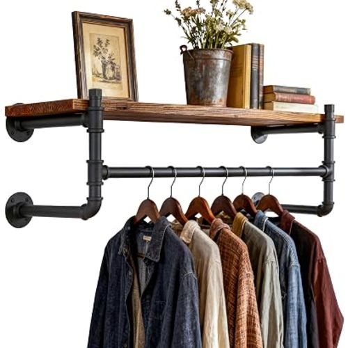 WEBI Wall Mounted Clothes Rack with Shelf,30" Industrial Pipe Clothing Rack with Shelf with Hanging Rod,Heavy Duty Iron Garment Rack Bar,Retail Display Clothes Rod for Laundry Room,Closet,Black