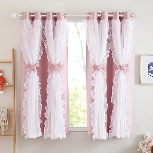 PONY DANCE Girls Curtains for Bedroom Decorative Drapes for Kids Double Layer Curtain Ruffle Sheer Overlay Room Darkening Pretty Chic Princess, 52x63 inch, Blush Pink, 2 PCs