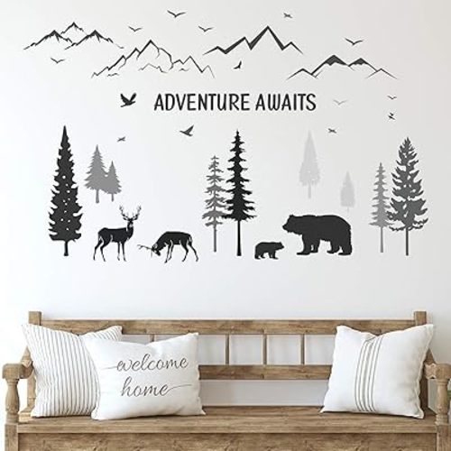 Tenare Dreamy Forest Wall Decals with Pine Tree, Animal Deer, Mountain & Inspirational Quote - DIY Wall Stickers for Kids' Room, Living Room, Bedroom (Simple Style)