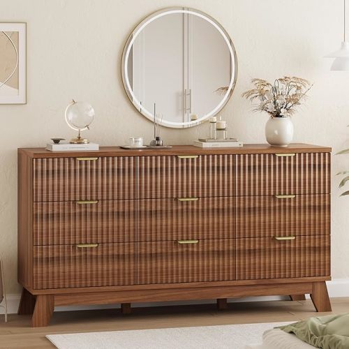 Fluted Dresser for Bedroom with 9 Drawers, 57" Wide Modern Chest of Drawers with Metal Handle, Wooden Dresser TV Stand, Wood Closet Clothes Storage Organizer for Living Room, Hallway, Walnut