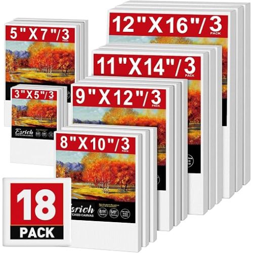ESRICH Stretched Canvas for Painting,18 Multi Pack Blank Canvases for Painting 12x16, 11x14, 9x12, 8x10, 5x7, 3x5, Cotton Primed Painting Canvas for Oil, Acrylic Paint, for Beginners, Artists.