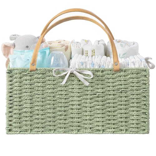 HBlife Large Baby Diaper Caddy Organizer Green, Paper Rope Storage Baskets Nursery Bin with Removable Divider, Portable Car Organizer for Diapers, Baby Shower Gifts, Newborn Essentials Must Haves