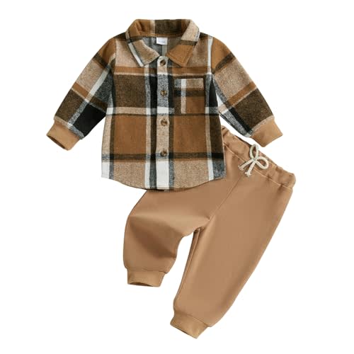 Toddler Boys Fall Outfits Plaid Flannel Baby Boy Jacket Button Down Shirts Pants 2Pcs Festival Clothes Set