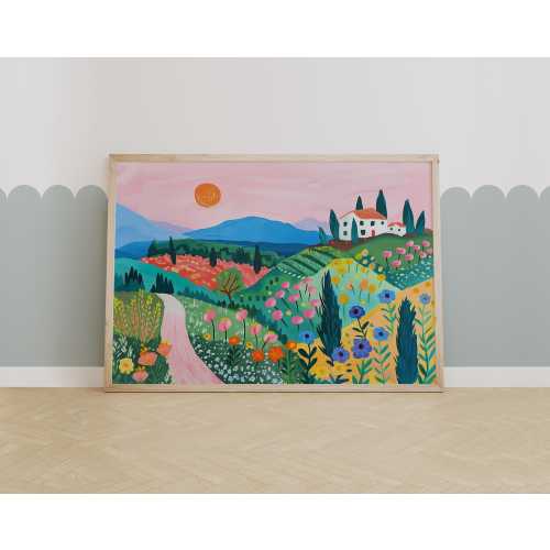Whimsical Countryside Nursery Wall Art – Colorful Landscape Print for Kids Room Decor