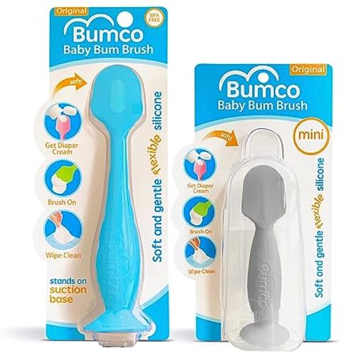 Bumco 2-PACK Diaper Cream Spatula - FULL-SIZE + MINI Baby Bum Brush with TRAVEL CASE - Diaper Cream Applicator for Baby - Baby Necessities - Suitable for Aquaphor, Desitin - Blue & Gray - Full-size + Mini - Blue + Gray