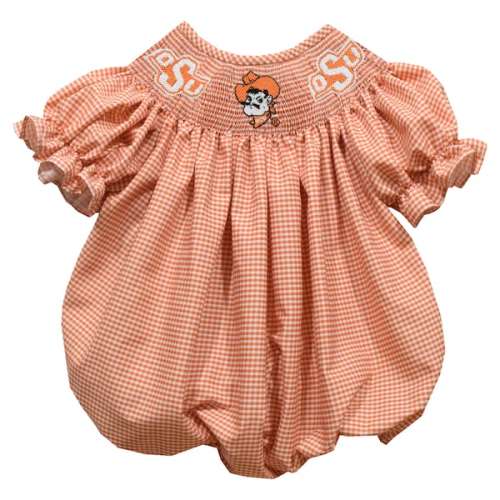 Girls Infant Vive La Fete Orange Oklahoma State Cowboys Gingham Smocked Bishop Bubble Dress