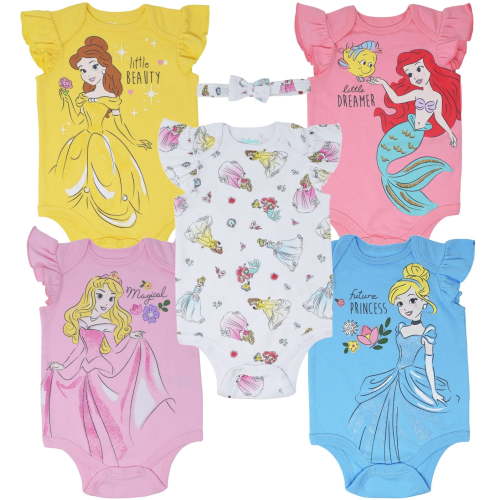 Disney Princess Belle, Aurora, Cinderella Onesie: Newborn to Infant Baby Girls Bodysuits and Headband