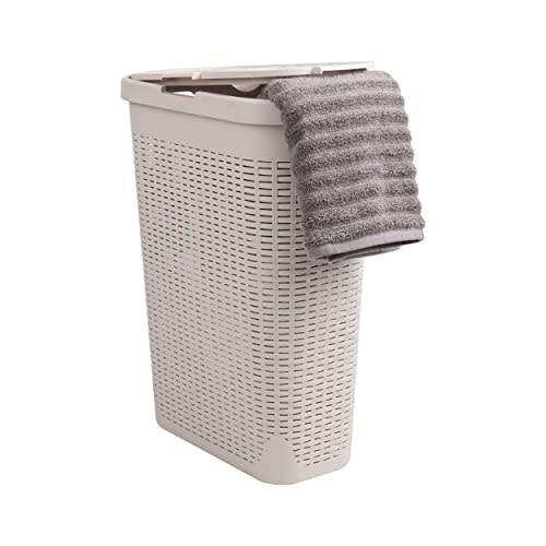 Mind Reader Slim Laundry Hamper with Lid, 40L Clothes Basket, Narrow Tapered Design with Ventilated Cutout Pattern, Plastic, Ivory