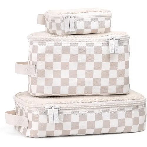 Itzy Ritzy Packing Cubes for Travel – Set of 3 Packing Cubes or Travel Organizers; Each Cube Features a Mesh Top, Double Zippers and a Fabric Handle (Checkerboard)