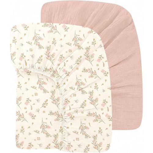 Organic Baby Crib Sheets 52x28 Inches 2 Pack 100% Muslin Cotton Soft Fitted Crib Mattress Sheet for Baby Girls, Boho Toddler Bed Sheets Fits Well Standard Size Crib Mattress 28x52 Inches Floral & Pink