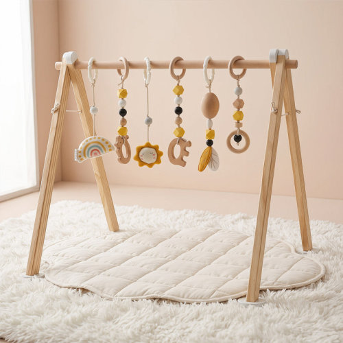 Ligu Baby Wooden Sensory Hanging Toy Activity Gym With 6 Detachable Toys, Adjustable And Foldable New Zealand Pine Play Frame For Infant Development | Wayfair