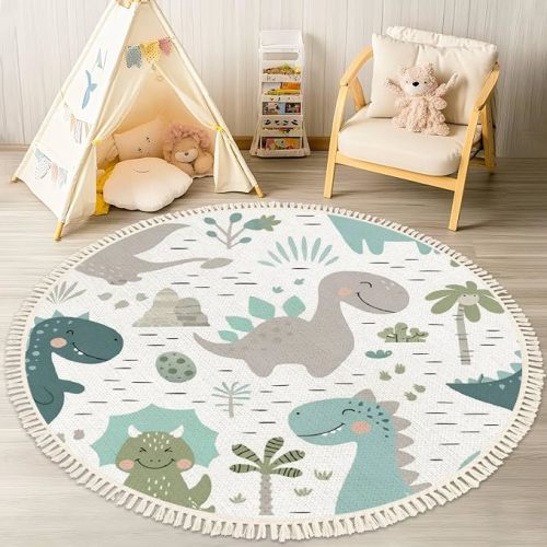Round Rugs Dinosaur Baby boy Childish Sweet Dino with Palm and Cactus Boho Area Rug Linen and Cotton Carpet Meditation Rug Washable Hallway Runner Mat Accent Rug for Bedroom Bathroom 4ft