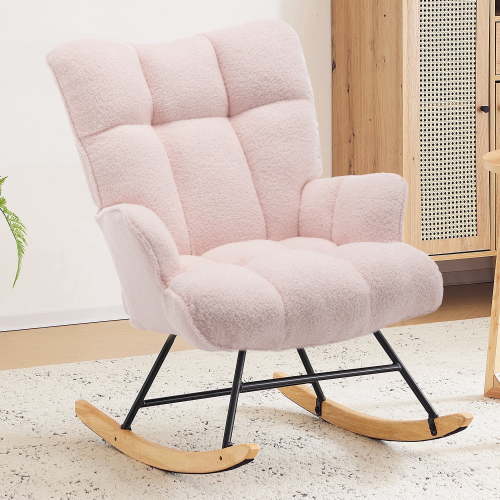 SAETSFEG Rocking Chair Nursery Teddy Upholstered Glider Rocker Rocking Accent Chair Padded Seat with High Backrest Armchair Comfy Side Chair for Living Room, Bedroom, Pink