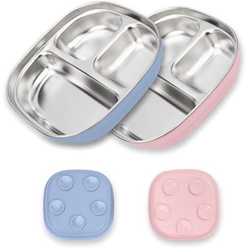 Stainless Steel Toddler Plates with Suction | Non-Slip Divided Baby Plates BPA Free & Non Toxic | Detachable Silicone Base| Dishwasher Safe | Unbreakable Kids Dinnerware 2-pack（Blue + pink）