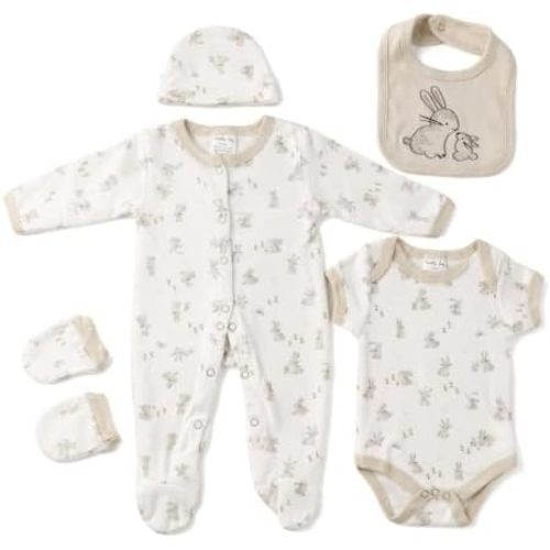 Newborn Baby Clothes 5 Piece Set 100% Cotton Long Short Sleeve Bodysuit Hat Infant Outfit Essentials 0-6 Months