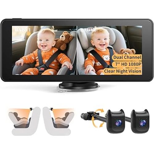 Dual Car Camera Baby Monitor with 6.9" Split Screen-1080P HD Carseat Camera for 2 Kids with 360° Full Rotation-Night Vision, Auto-Detail Enhancement, 2 Power Ways, Easy Instal, for Twins & Siblings