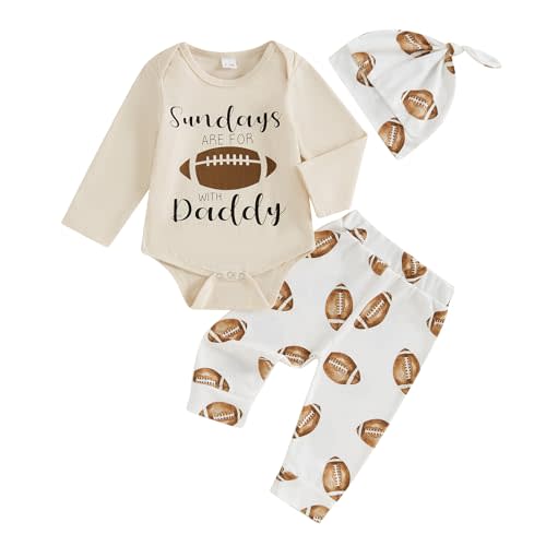 Baby Boy Football Outfits Sundays are for with daddy Letter Print Bodysuit Romper Rugby Legging Pants Hat 3pcs Set
