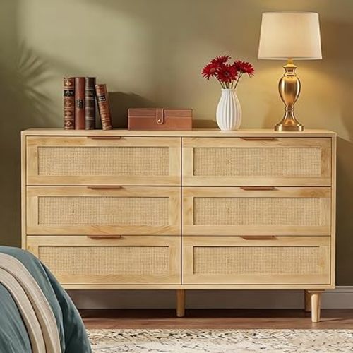 FUQARHY 6 Drawer Dresser Rattan Dresser Modern Chest with Drawers,Wood Storage Closet Dressers Chest of Drawers for Bedroom,Living Room,Hallway (Natural)