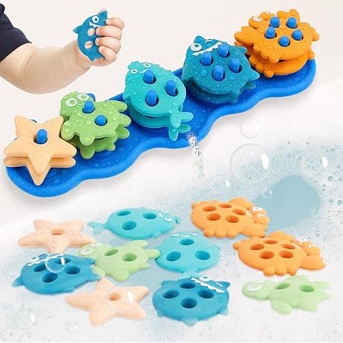 Baby Bath Toys for Toddlers 1-3 Years, Silicone Stacking Bath Toy Set with 10 Textured Floating Pieces, Color and Shape Sorting Bathtub Toys, Early Learning Educational Sensory Toys for Toddlers