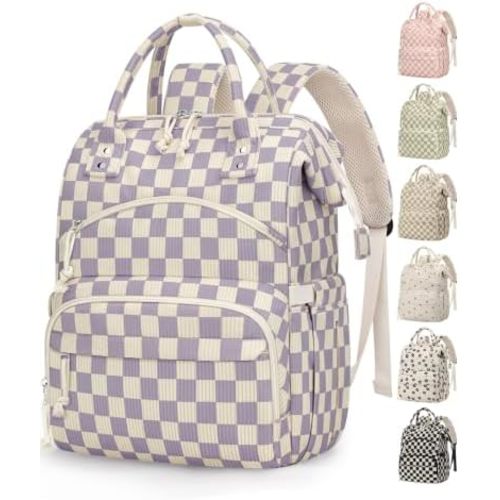 Pritent Large Capacity Diaper Bag Backpack for Mom – Lightweight Maternity Nappy Bag with Insulated Pockets, Stroller Straps & Travel Essentials for Baby Girl Boy, Checkered Purple