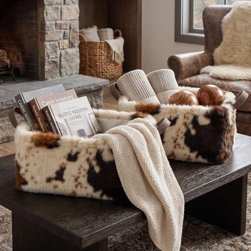 BBSET 2 Pcs Western Cow Print Storage Baskets Artificial Faux Fur Fluffy Fabric Organizer Bins with Handles Foldable Decorative Storage Cubes for Closet Bedroom Dresser Cosmetics Sundries