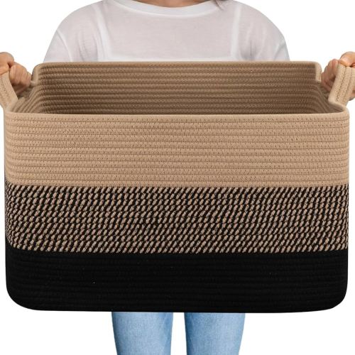 OIAHOMY Large Storage Basket, Cotton Rope Woven Blanket Basket, Toy Bin for Baby Room, Container for Blanket Storage in Living Room, 20''×16''×12'', Brown & Black