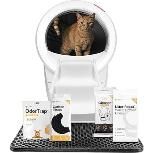 Litter-Robot 4 Supply & Accessory Bundle by Whisker, White- Automatic Self-Cleaning Cat Litter Box, Includes Litter-Robot 4, Ramp, Mat, 3 OdorTrap Packs, 10 Liners, 30 Wipes, & 2 Carbon Filters