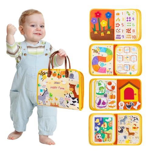 Jollybaby 8 Page Baby Soft Busy Books Sorting & Stacking Toys, Travel Toy & Montessori Sensory Educational, Preschool Learning Activities Toy for 1 2 3 Year Old Toddlers Boy Girl (Happy Farm