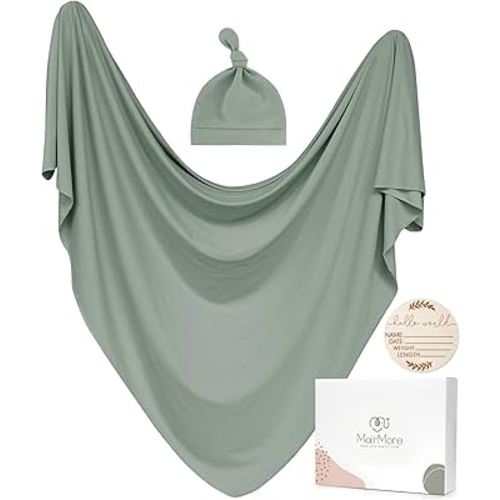 Baby Swaddle Receiving Blankets with Matching Beanie Set Newborn Nursery Swaddle Wrap for Baby Girls and Boys (Green)