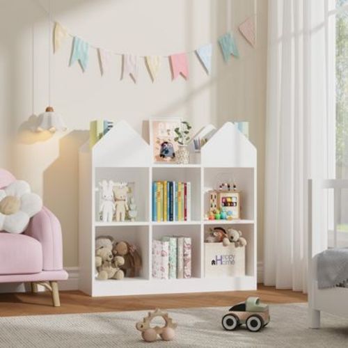 Kids Castle Cube Toy Storage Organizer, Wooden 6 Cubby Bookshelf with Anti Tip Device for Playroom or Bedroom