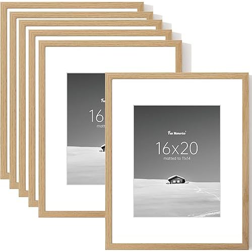 Fun Memories 16x20 Picture Frame Set of 6, Display Pictures 11x14 with Mat or 16x20 Without Mat, 16 x 20 Poster Frame for Wall Hanging Horizontally and Vertically, Natural